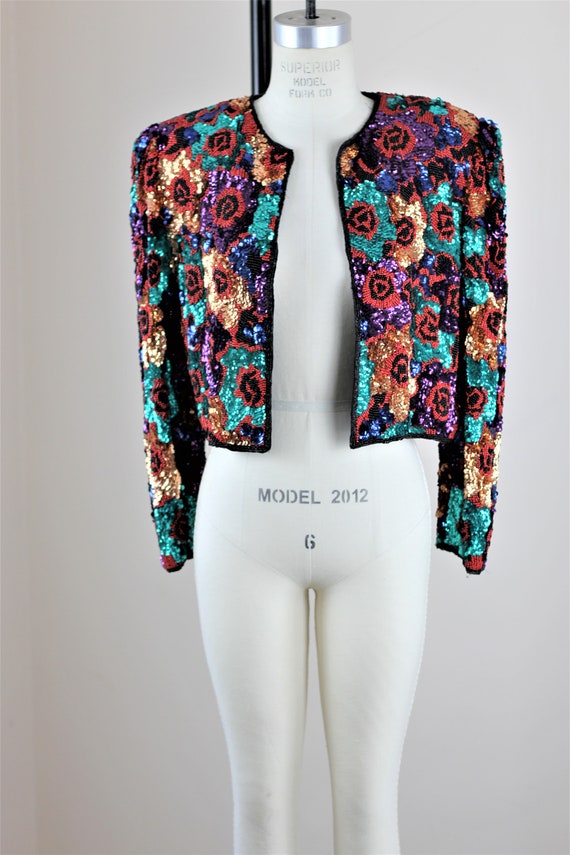 SzM// Black Tie Heavily beaded Rose Jacket//Sequi… - image 6