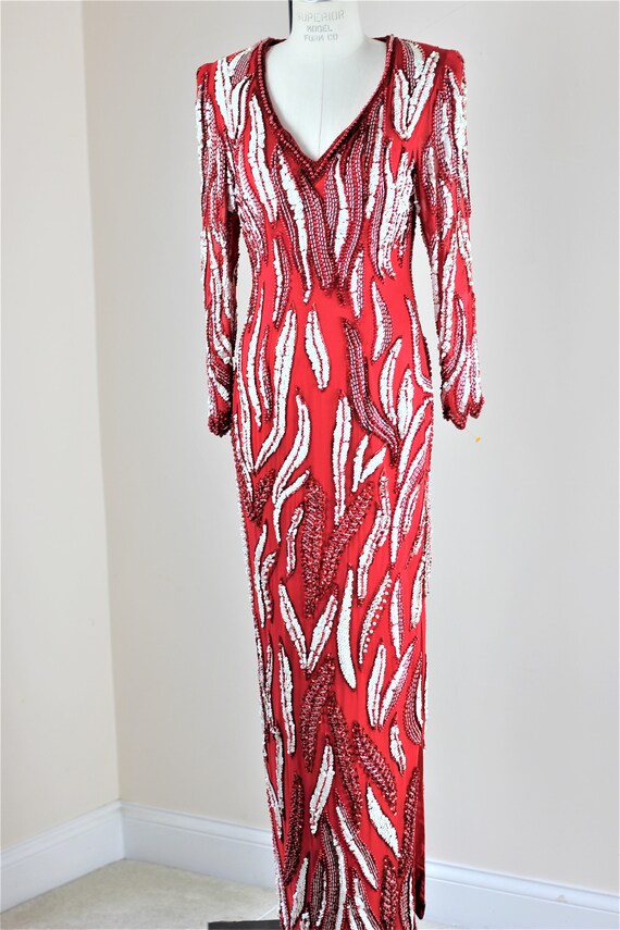 Sz M// WOW Amazing sequin beaded gown// Long Red … - image 2