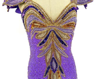 Sz M//Amethyst Empress Vintage 80s Purple & Gold Beaded Statement Gown//Couture Art Deco Showstopper Sequin Dress
