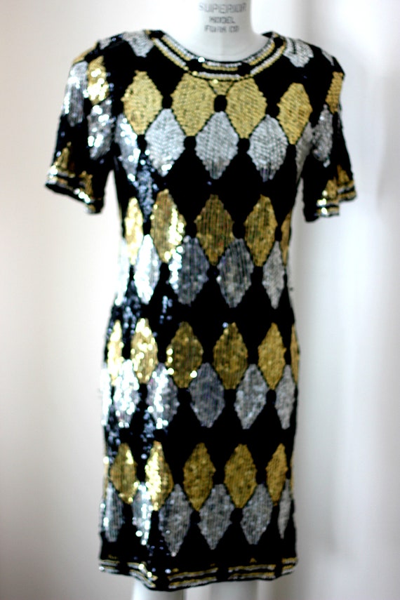 Sz S//Geometric Sequined Beaded  Dress// vintage … - image 9