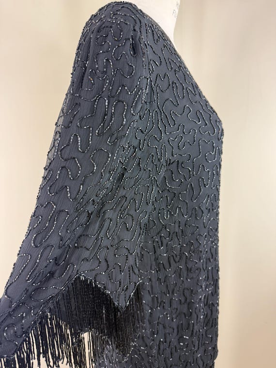 Size XL//Vintage Lillie Rubin Black Beaded Flapper Dress//80s Gatsby Fringe Dress | Art Deco Sequin Party Dress View 4