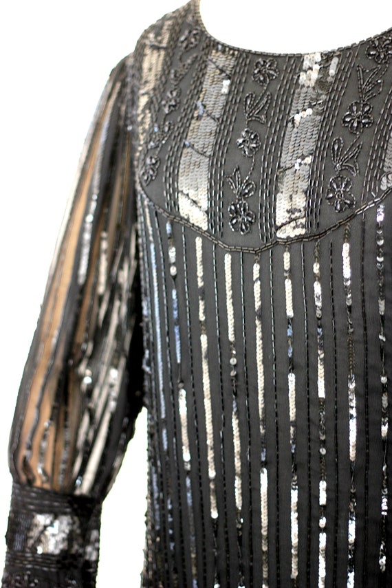 Sz S//Gatsby Style Black Sequin Gown//Sheer Sleev… - image 3