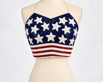 Vintage Cache Beaded American Flag Top, Red White Blue Sequin Halter Crop Top, Stars Stripes Patriotic USA Festival Top (Sz XS)