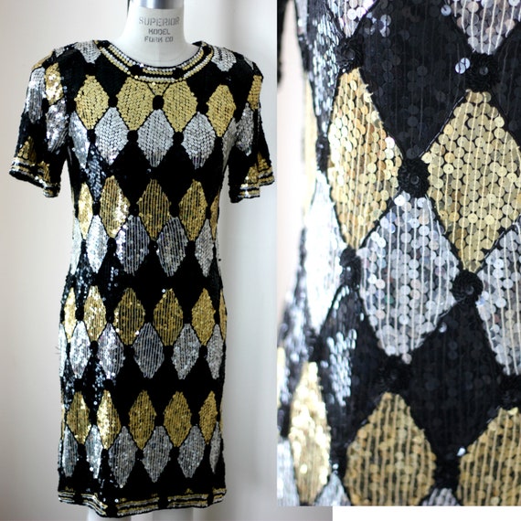 Sz S//Geometric Sequined Beaded  Dress// vintage … - image 1