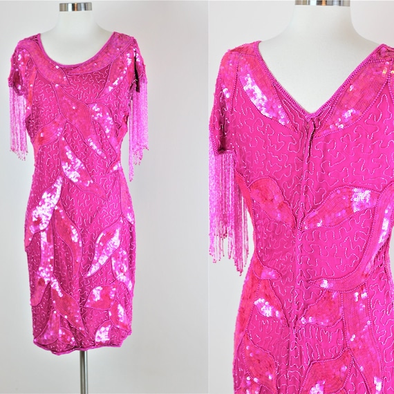 Pink Sequin Fringe Party Dress M