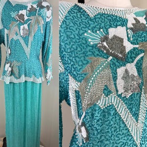 Size L//Vintage Lillie Rubin Aqua Green Sequin Long Dress/Silver White Leaf Pattern 2 Piece Set