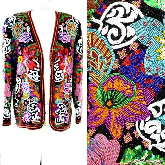 Sz M//incredible Heavy Beaded Long Jacket//colorful Tapestry of