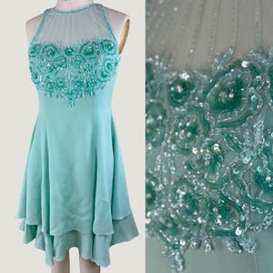 Size 6//Vintage Lillie Rubin Exclusive Seafoam Chiffon Beaded Dress//Sheer Neck//Beaded Mini Dress
