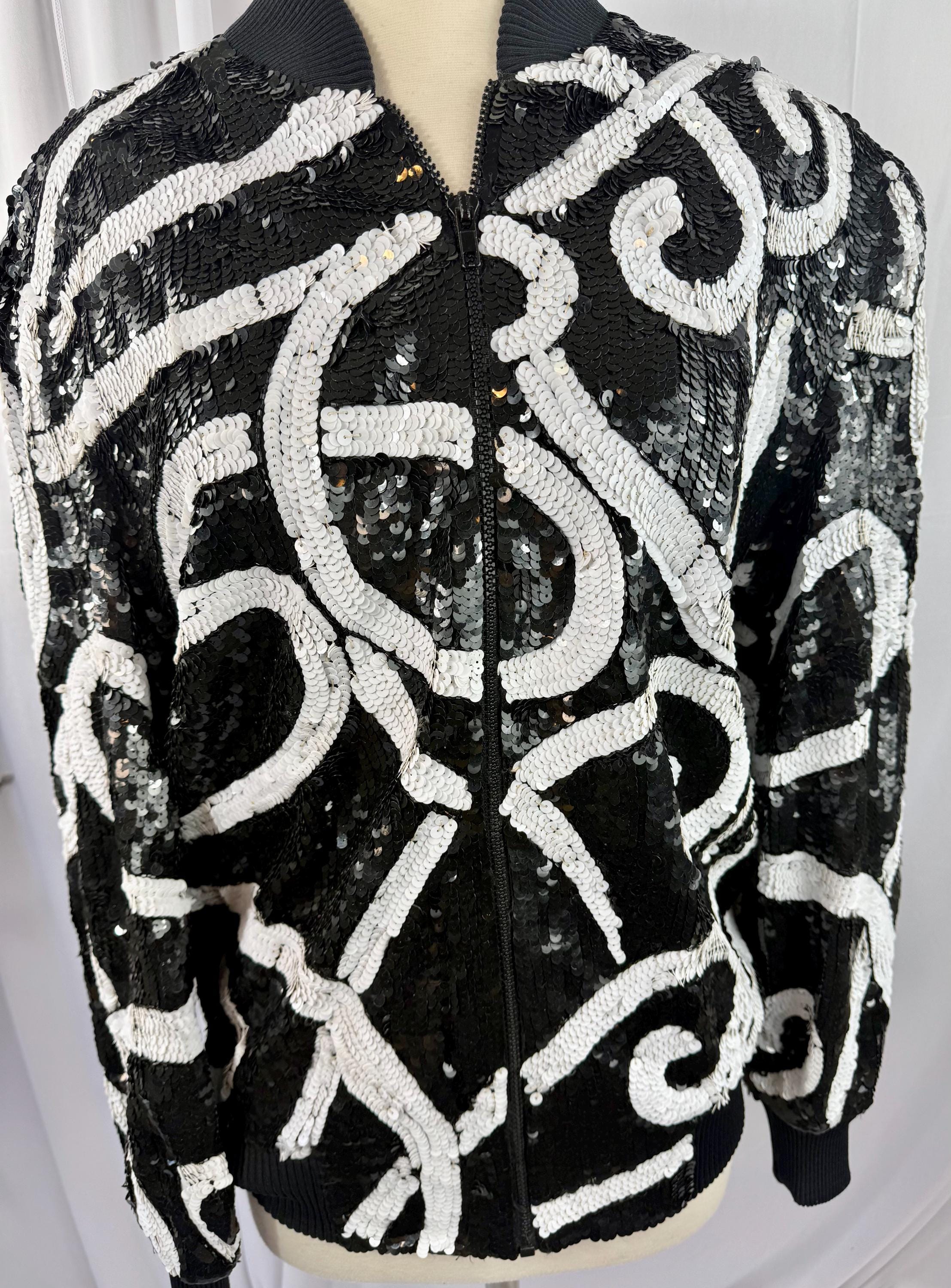 Size M//vintage Black and White Sequin Bomber Jacket//80's Glam