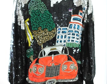 Talla M // Chaqueta bomber negra con lentejuelas Unique Car // Chaqueta con adornos de cuentas de los años 80