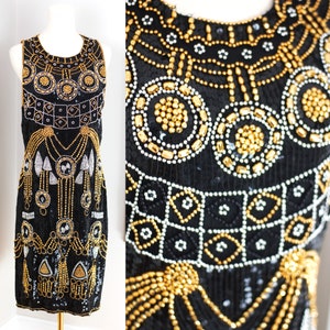 Sz 12//Art Deco Black & Gold Beaded Silk Dress//Vintage Flapper Style Dress
