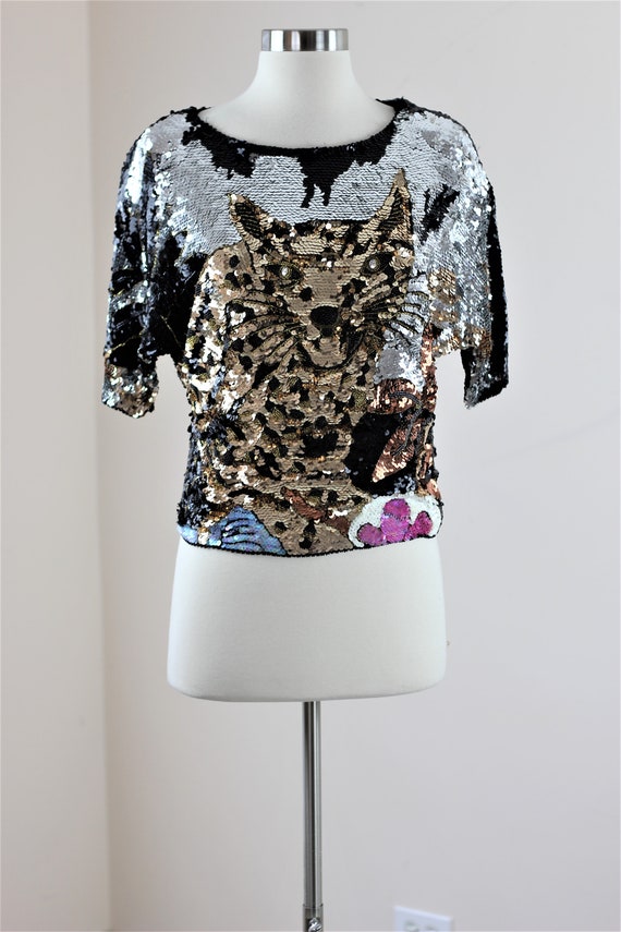 Sz M//Sequin Beaded Cat Top//Vintage Novelty top - image 2