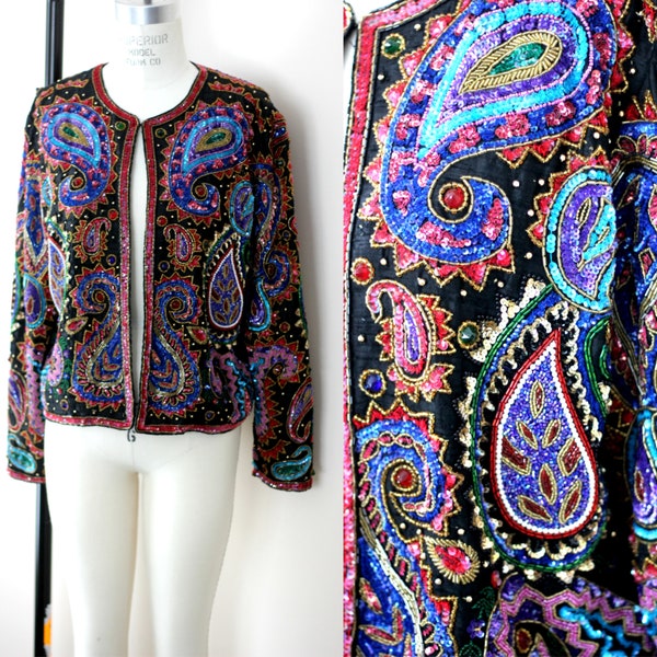 Sz L//Sequined Paisley Beaded Silk Jacket//Bolero Sequence