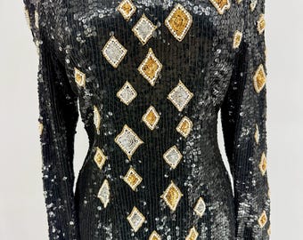 Size M//black Sequin Long Sleeve Dress With Gold & Silver Diamonds//vintage Judith Ann Creations