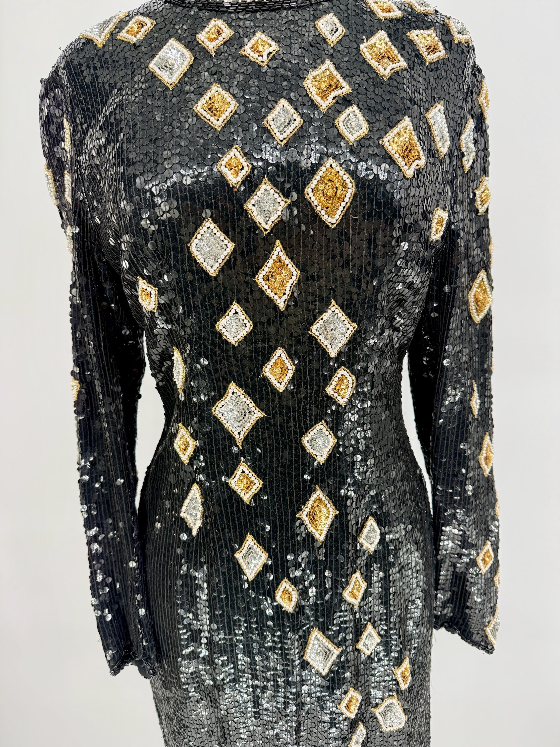 Size M//black Sequin Long Sleeve Dress With Gold & Silver Diamonds//vintage Judith Ann Creations