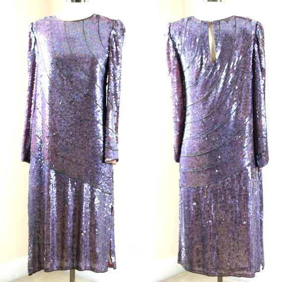 Sz S// Vintage Frank Usher Sequin Mauve Purple Dr… - image 1