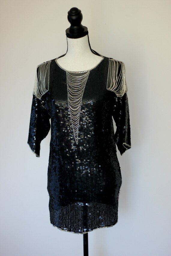 Sz XS//Cache Art Deco Beaded Sequined Tunic with … - image 5
