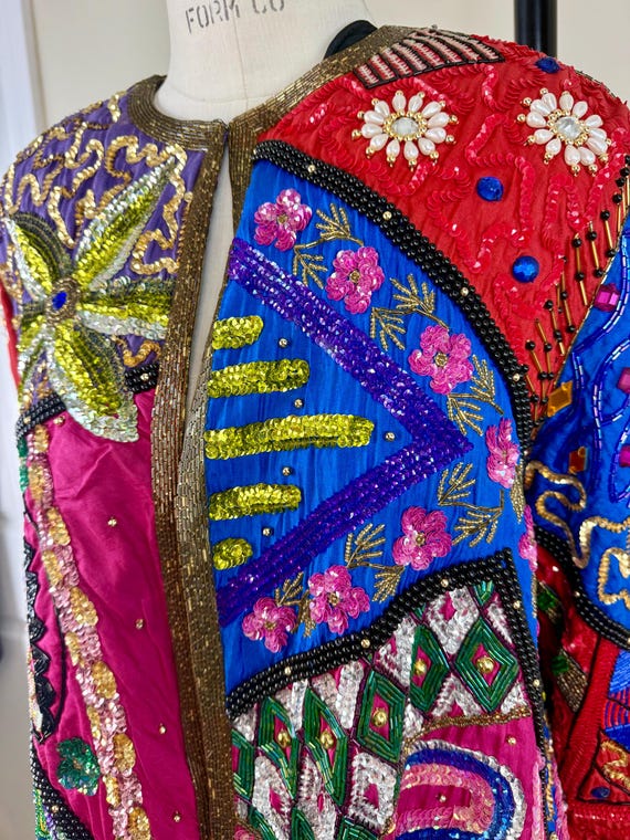 Size S//Colorful Patchwork Sequin Silk Statement … - image 1