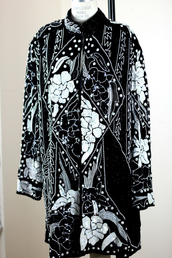 Plus sz 2X// Black White Sequin Beaded Duster// L… - image 2