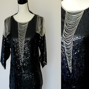 Sz XS // Cache Art Déco Túnica de lantejoulas com detalhes prateados // blusa // top // melindrosa // estilo anos 20