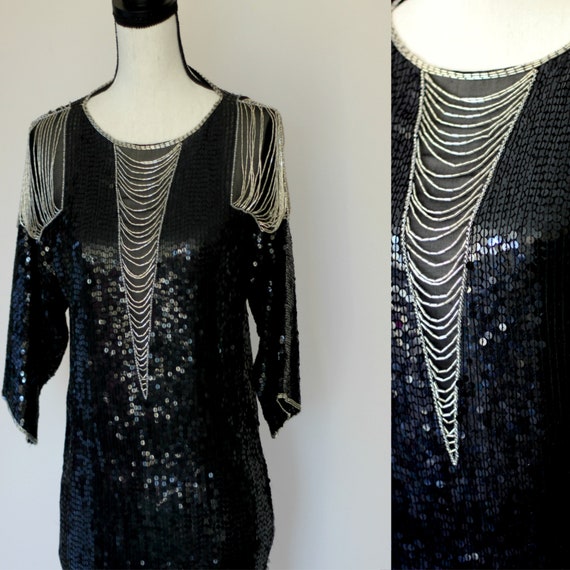Sz XS//Cache Art Deco Beaded Sequined Tunic with … - image 1