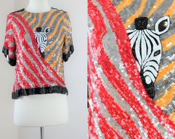 Sz XS//Amazing Vintage Sequin Zebra top//Heavily Sequined and Beaded// Rare and Fun!