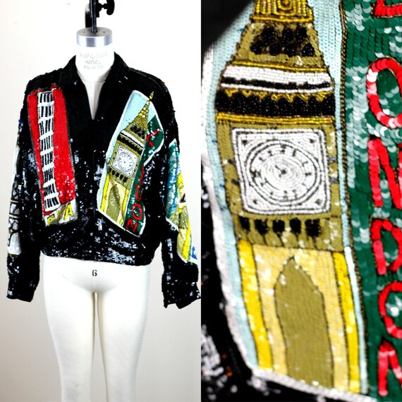 Sz L//Travel Poster Sequin Jacket Modi//Beaded