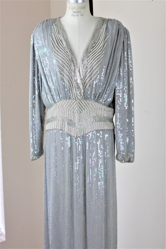 Sz L// Gray Pearl Beaded Sequined Dress// Long De… - image 3