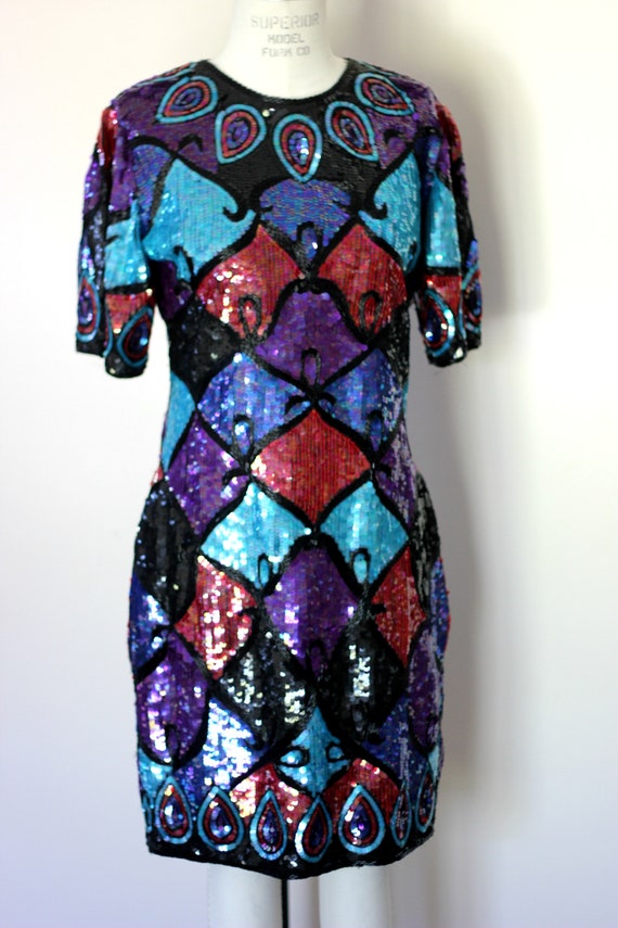 Size M// Unique Heavily beaded sequin dress//Silk… - image 6