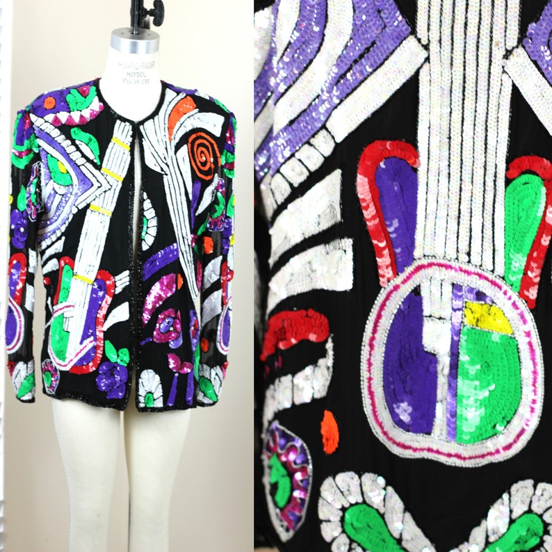 Size L//Abstract Beaded Sequin jacket// Novelty Guitar Music// Vintage image 10