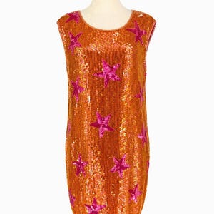 Vintage Philippe Albert Sequin Silk Dress, Orange Pink Star 80s Novelty Dress, Rare Designer NWT Party Dress (Sz M)
