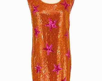 Vintage Philippe Albert Sequin Silk Dress, Orange Pink Star 80s Novelty Dress, Rare Designer NWT Party Dress (Sz M)