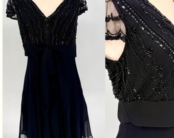 Sz 10//Vintage Black Silk Beaded Dress with Chiffon Skirt//Beaded Bodice Party Dress