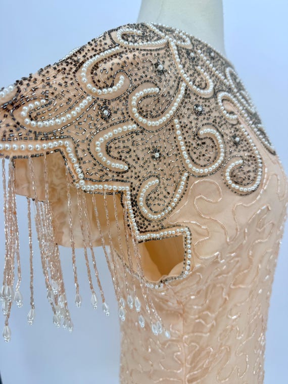 vintage beaded cocktail dress Sz L//Vintage Peach with Pearl Fringe Sleeves//Art Deco Bugle Bead Dress//1920s Flapper Glam Helen Mirren stuns in Brown Halter Neck Satin Midi Dress Prom dress 100% silk Made in Size:42 Long + 36 Waist(Adjust 2