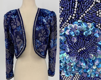 Vintage Blue Beaded Jacket, Cropped Sequin Bolero Rhinestone Evening Jacket  (Sz 8)