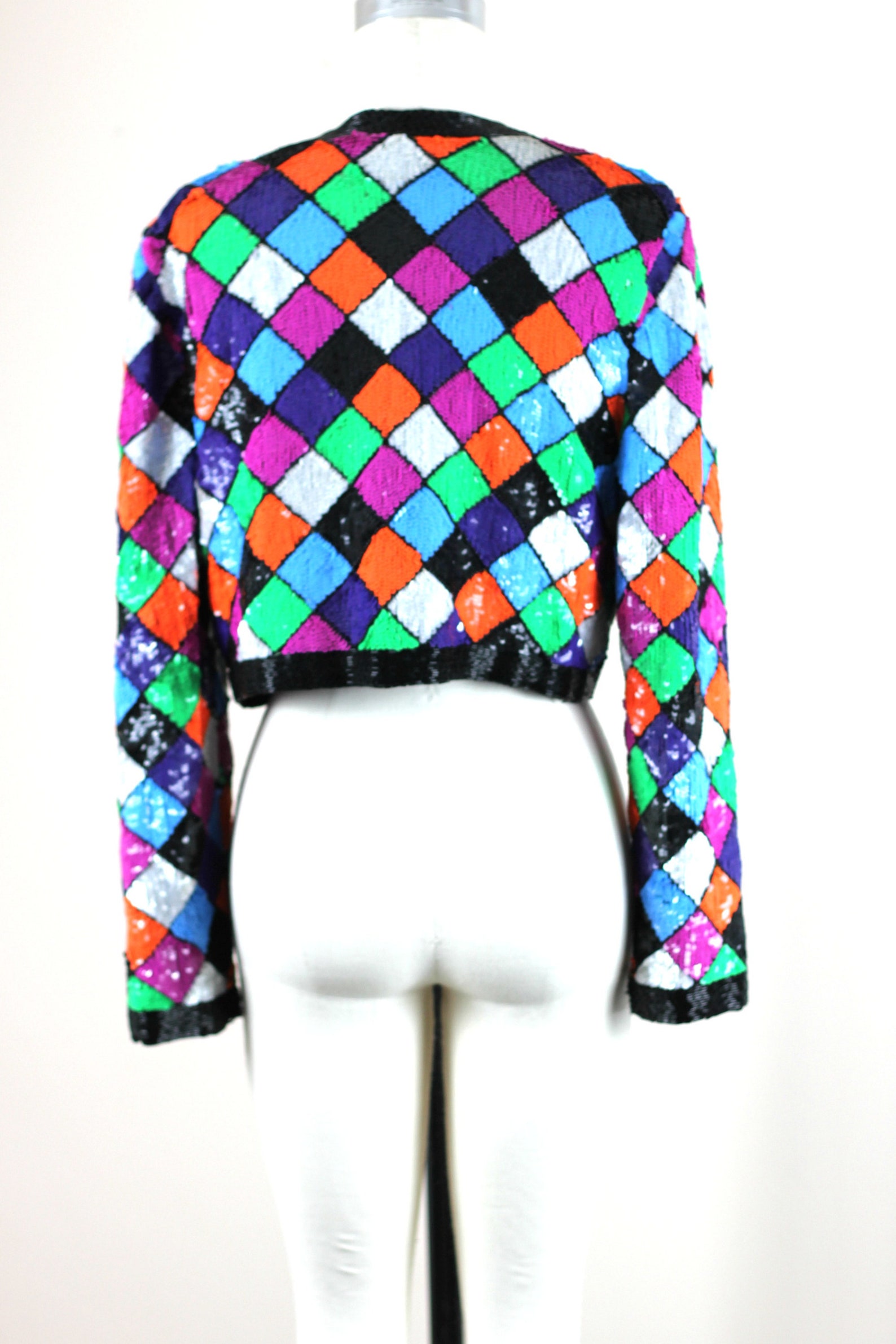Sz S// Harlequin Beaded jacket// Sequins silk Rainbow colors Etsy