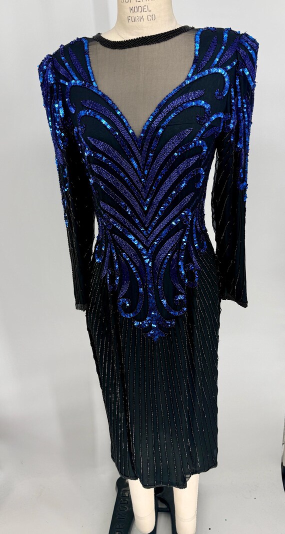 Sz 8//vintage AJ Bari Midnight Blue Dress With Black Silk//beaded Sequined With Sheer Neck