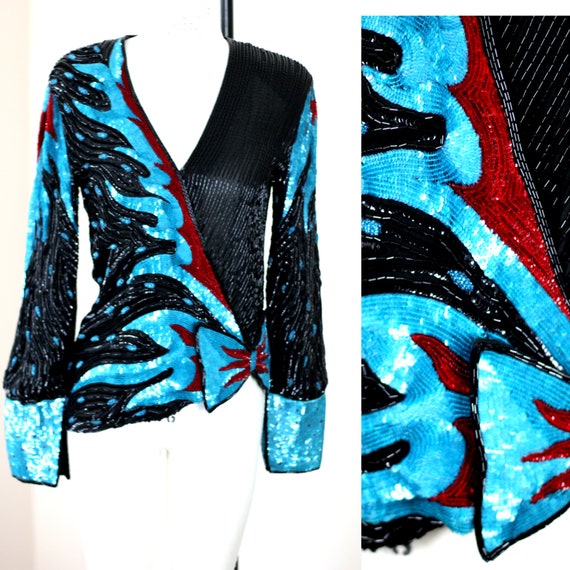 Sz L //Amazing Sequin Jacket//  Beaded bow with B… - image 9