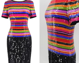 Vintage Silk Sequin Dress, Rainbow Stripe Black Sequin Cocktail Dress, Colorful Beaded Party Dress (Sz 8)