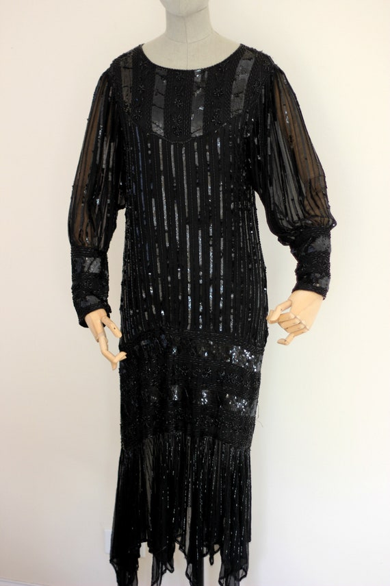 Sz S//Gatsby Style Black Sequin Gown//Sheer Sleev… - image 2