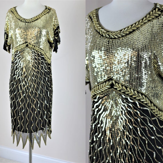 Sz XS//Gatsby Gold Waterfall Sequin Dress //Vintage 80s Beaded Black Dress//Metallic Art Deco Statement Dress