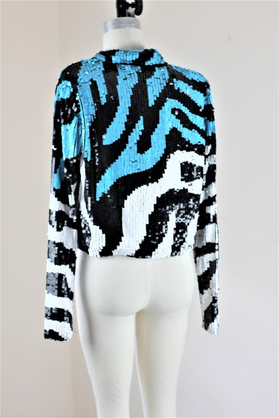 Sz 4// Zebra Turquoise Sequin 80's Glam Jacket//C… - image 4