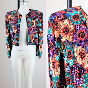 SzM// Black Tie Heavily beaded Rose Jacket//Sequin beaded bolero