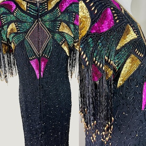 Size M//Black Fringe Flapper Dress//Vintage Pink, Green, Gold Gatsby Beaded Dress
