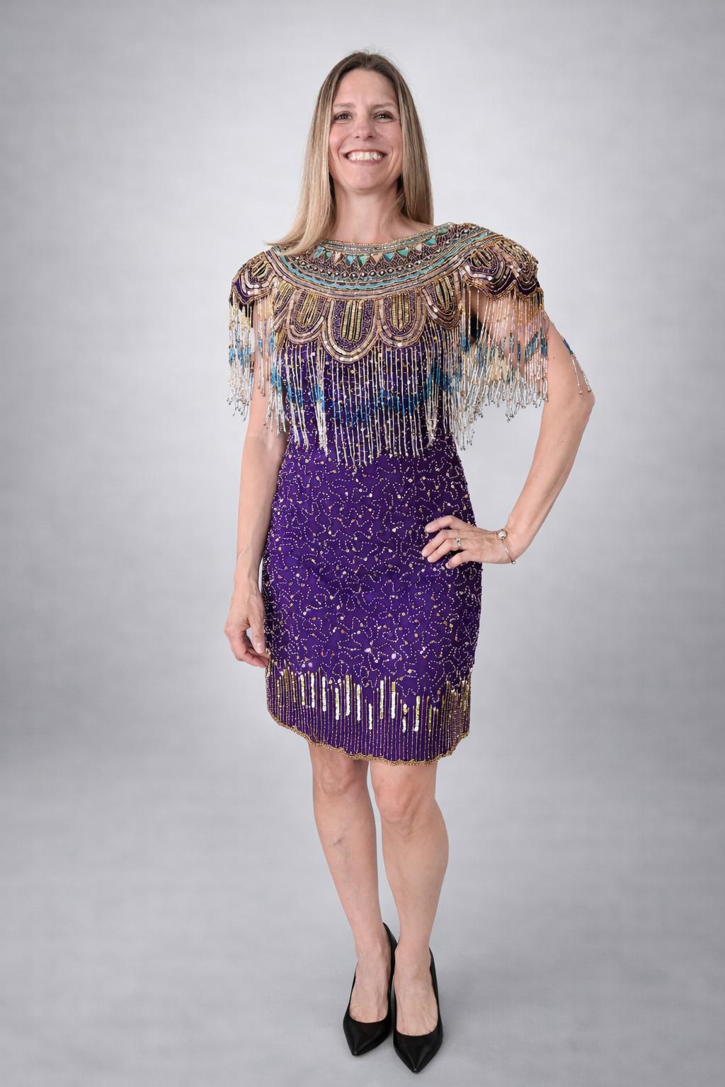 strapless open back dress Purple Sequin Beaded Fringe Gown – Couture Evening Dress – VALDRIN SAHITI main image 1