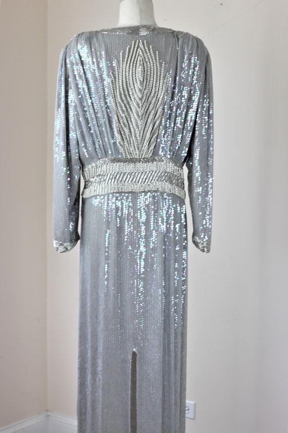 Sz L// Gray Pearl Beaded Sequined Dress// Long De… - image 5