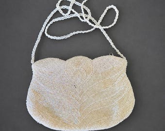 Vintage ivoren avondtasje met kralen, handtasje met handkralen bruidstas, witte bruiloft handtas, cocktailclutch uit de jaren 60