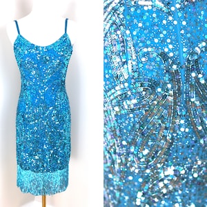 Sz P// Vintage Lillie Rubin Sequin Blue Dress// Stunning beads and fringe//Flapper Dress