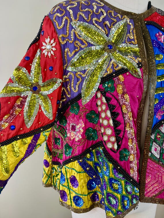 Size S//Colorful Patchwork Sequin Silk Statement … - image 3