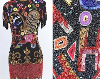 1980s Naeem Khan Riazee for Caché Beaded Fringe Dress, Multicolor Sequin Cocktail Dress (Sz S)
